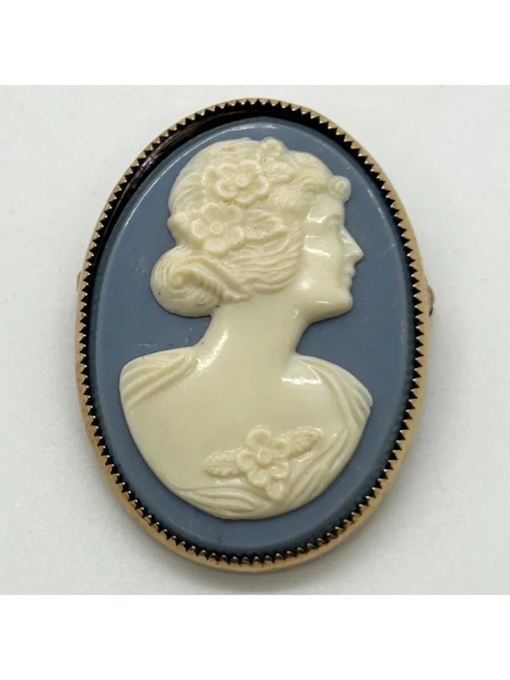 Vintage Acrylic Cameo Brooch Pin Blue Oval Gold Tone Portrait Classic Estate